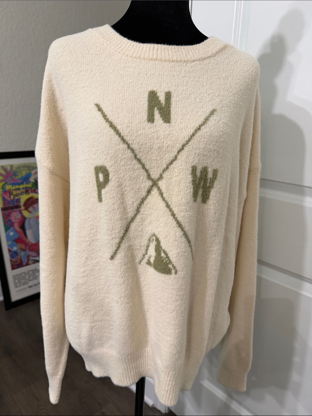 Thread & Supply Cream Crewneck Sweater with Olive Graphic